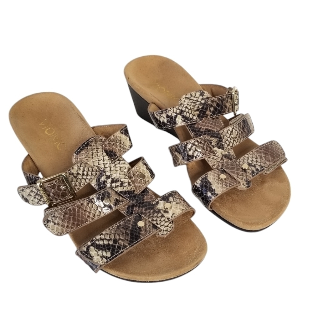Vionic Radia Wedge Sandals Adjustable Triple Strap Snakeskin Slides Size 5